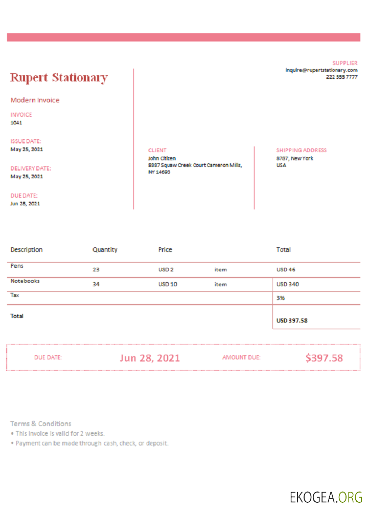 Facture stationnaire Rupert USA